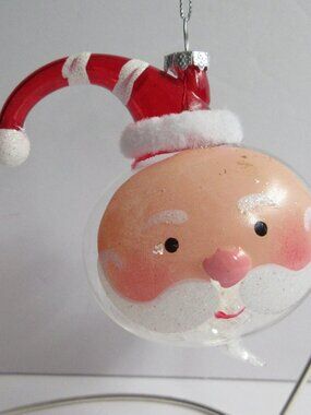 Santa Head & Hat Blown Glass Christmas Tree Ornament with Snow Inside